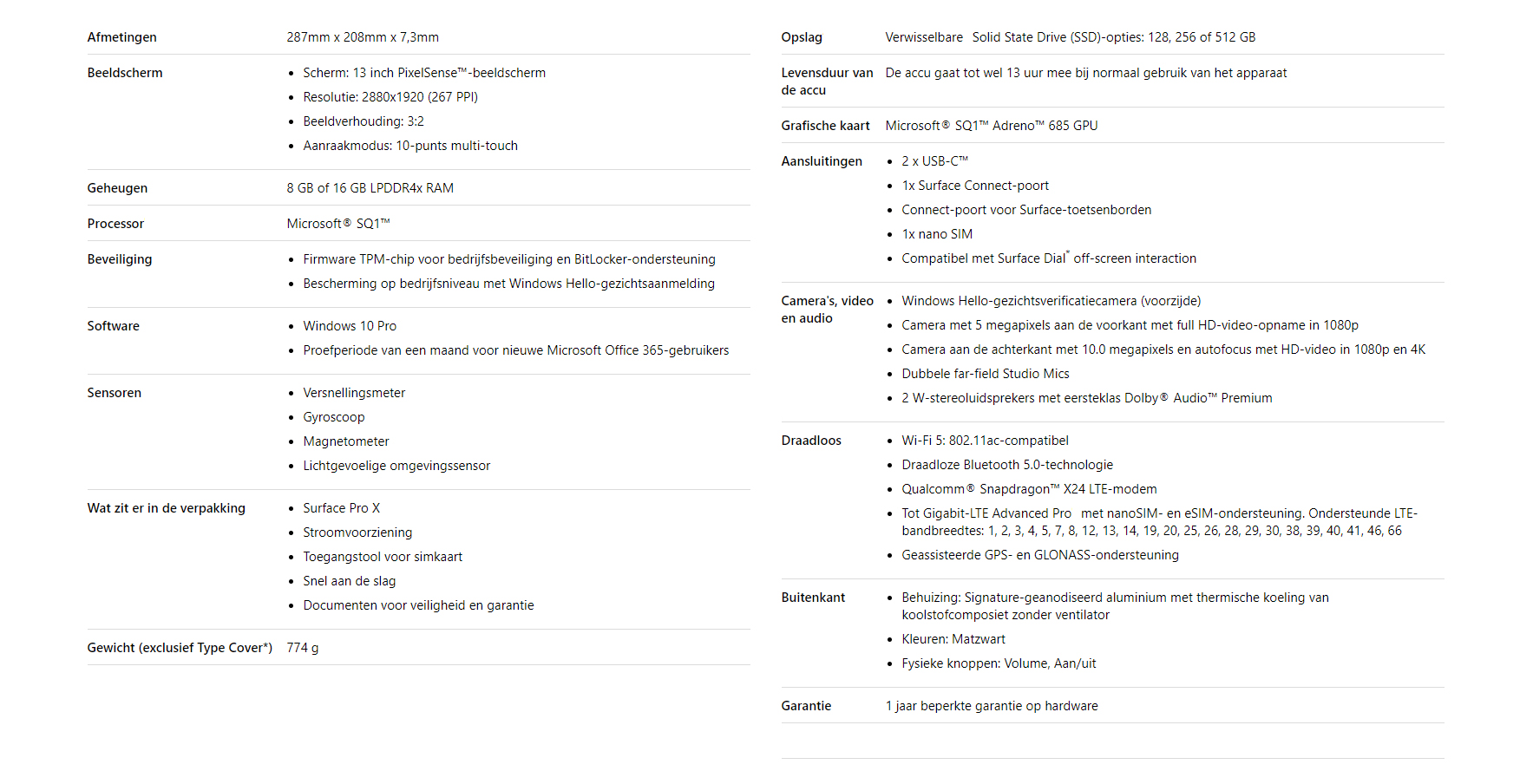 Specificaties - Microsoft Surface Pro X